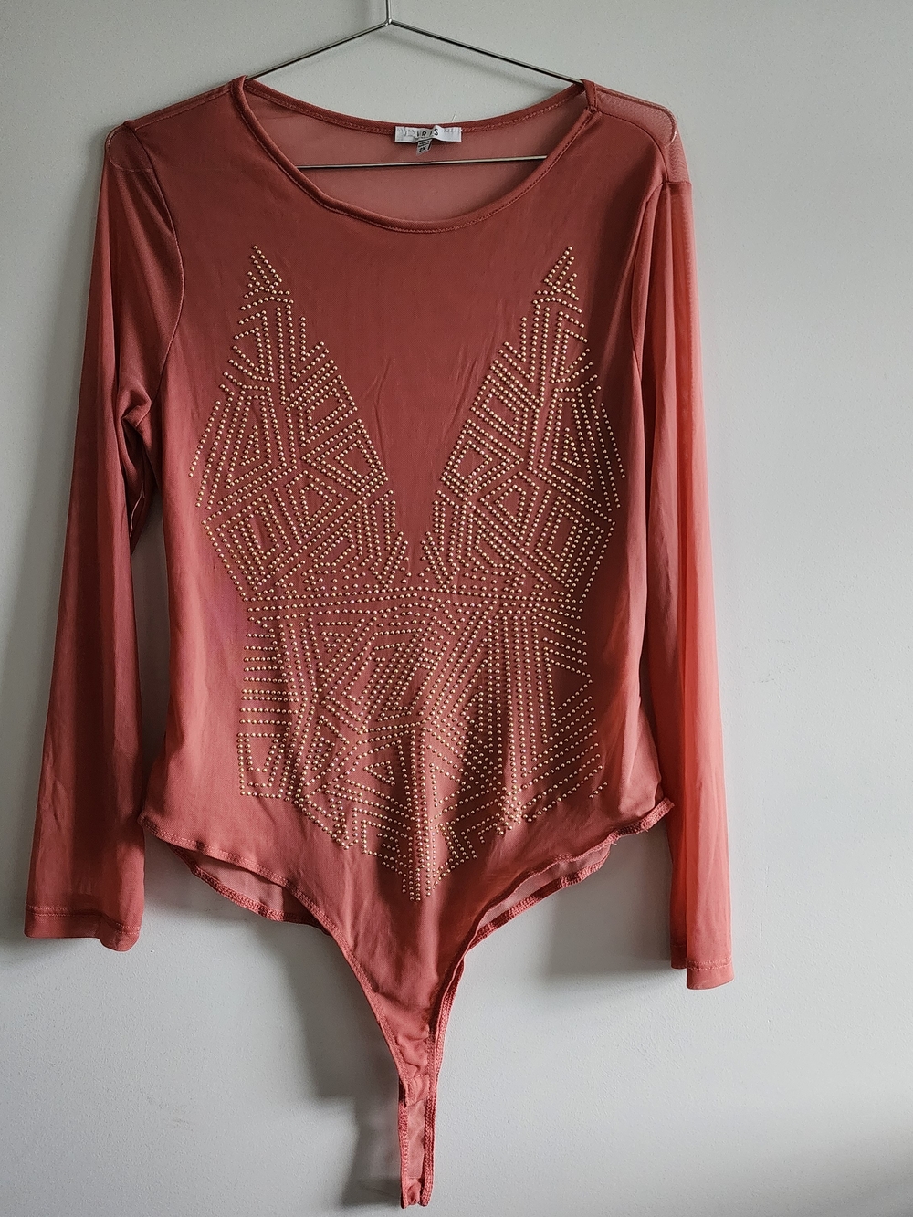 IRIS Mesh Bodysuit Long Sleeve Studded Geometric Mauve Plus Sz 2X Festival Goth